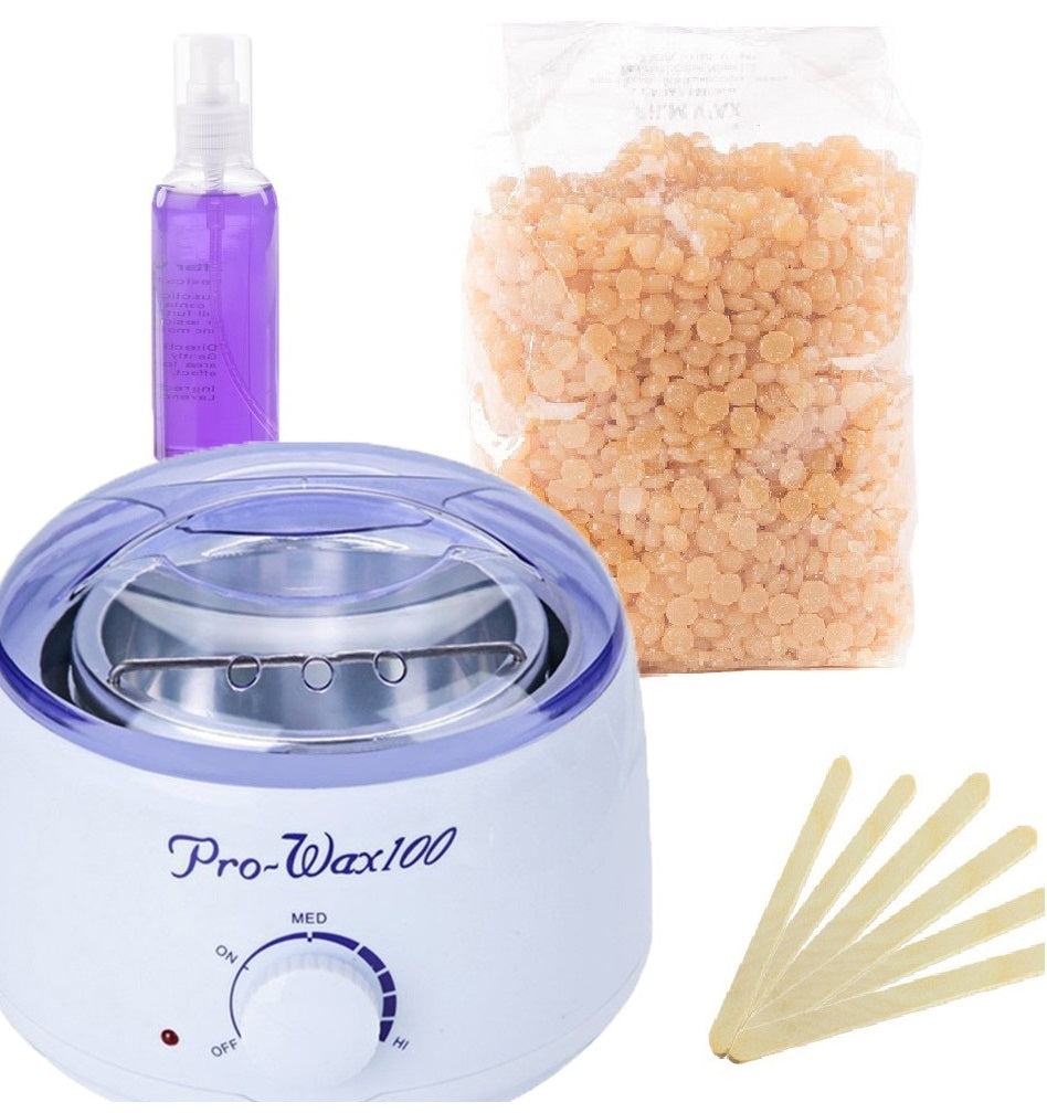 Kit epilare ceara, incalzitor ceara, ceara epilat, granule, 250gr, spatula lemn, ulei dupa epilare