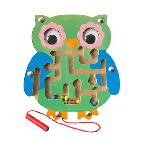 Labirint magnetic cu bile, bufnita, jucarie copii, jucarie educativa, montessori, verde - BUZ.RO