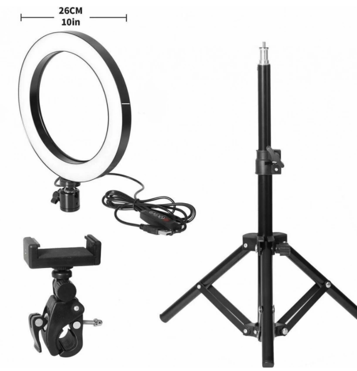 Lampa circulara profesionala, ring light, diametru 10 inch, suport telefon, telecomanda, inaltime trepied 210 cm, 13 trepte de iluminare