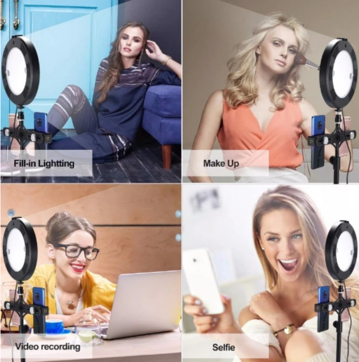 Lampa circulara profesionala, ring light, diametru 10 inch, suport telefon, telecomanda, inaltime trepied 210 cm, 13 trepte de iluminare