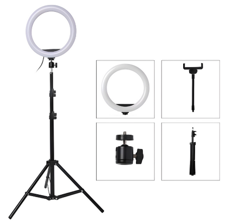 Lampa circulara profesionala, ring light, suport telefon, cu telecomanda, diametru 10 inch, 210 cm, 13 trepte de iluminare