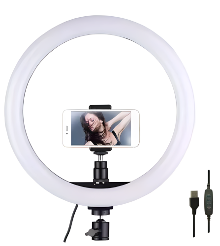 Lampa circulara profesionala, ring light, suport telefon, cu telecomanda, diametru 10 inch, 210 cm, 13 trepte de iluminare