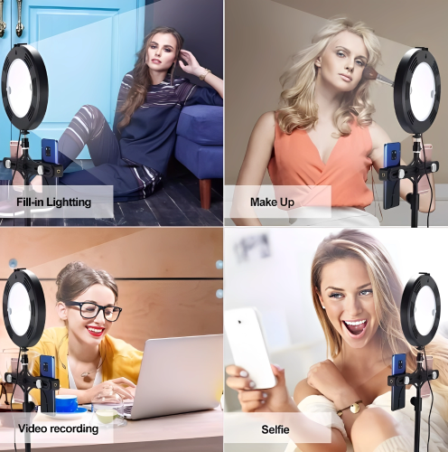 Lampa circulara profesionala, ring light, suport telefon, cu telecomanda, diametru 10 inch, 210 cm, 13 trepte de iluminare