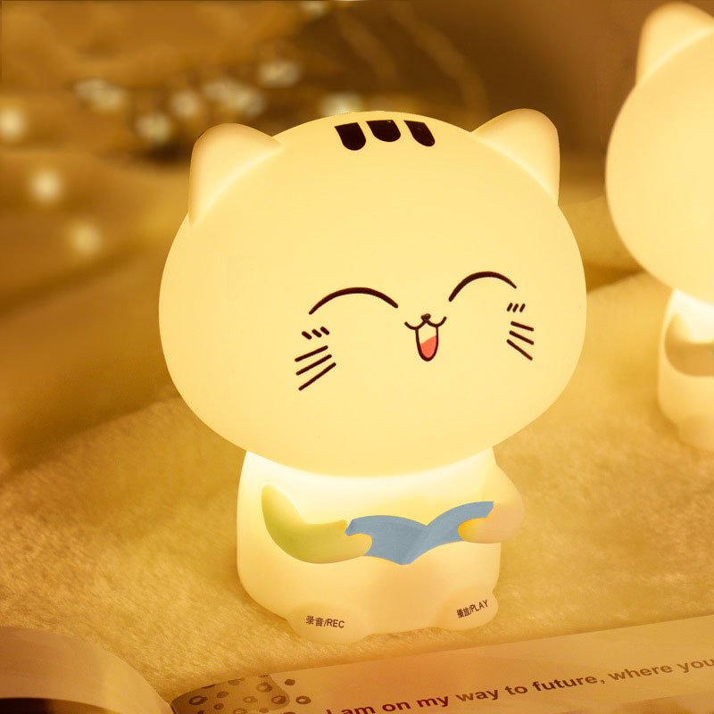 Lampa de silicon moale reincarcabila, LED, multicolor, pisicuta vorbitoare, control tactil sau telecomanda, interactiva, albastru - BUZ.RO