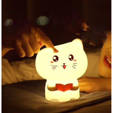 Lampa de silicon moale reincarcabila, LED, multicolor, pisicuta vorbitoare, control tactil sau telecomanda, interactiva, roz - BUZ.RO