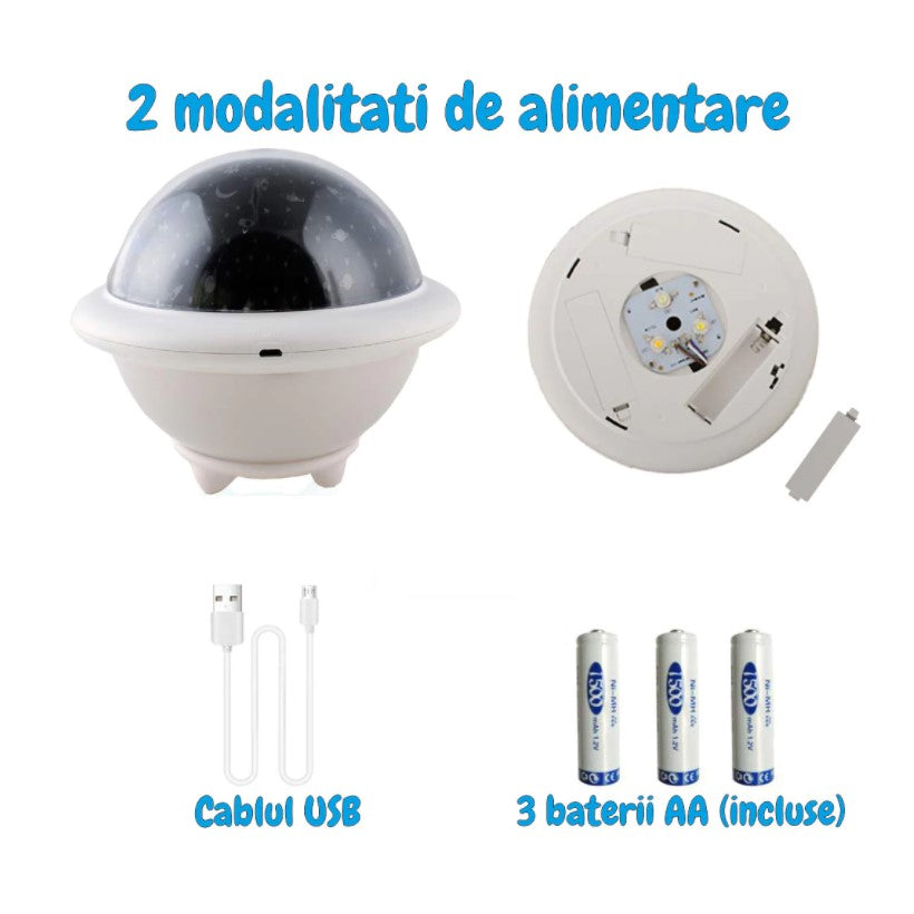 Lampa de veghe constelatii tip ozn, pentru copii, 3 culori, lumina reglabila, 3 filme de proiectie, alb