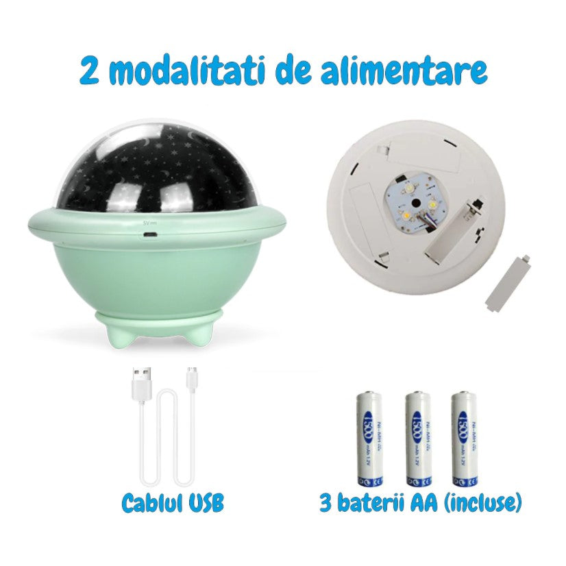 Lampa de veghe constelatii tip ozn, pentru copii, 3 culori, lumina reglabila, 3 filme de proiectie, verde