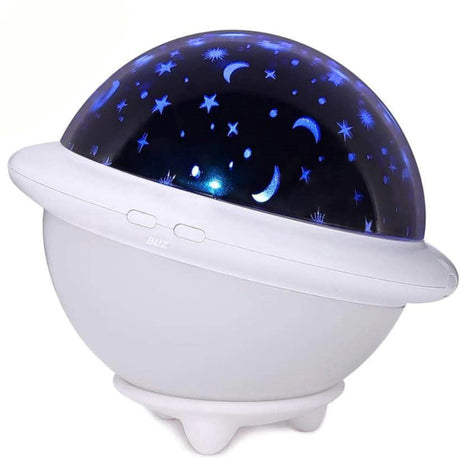 Lampa de veghe OZN portabila cu LEDuri pentru copii, cu proiector, 3 culori, lumina reglabila, 3 filme de proiectie, USB, alb - BUZ.RO