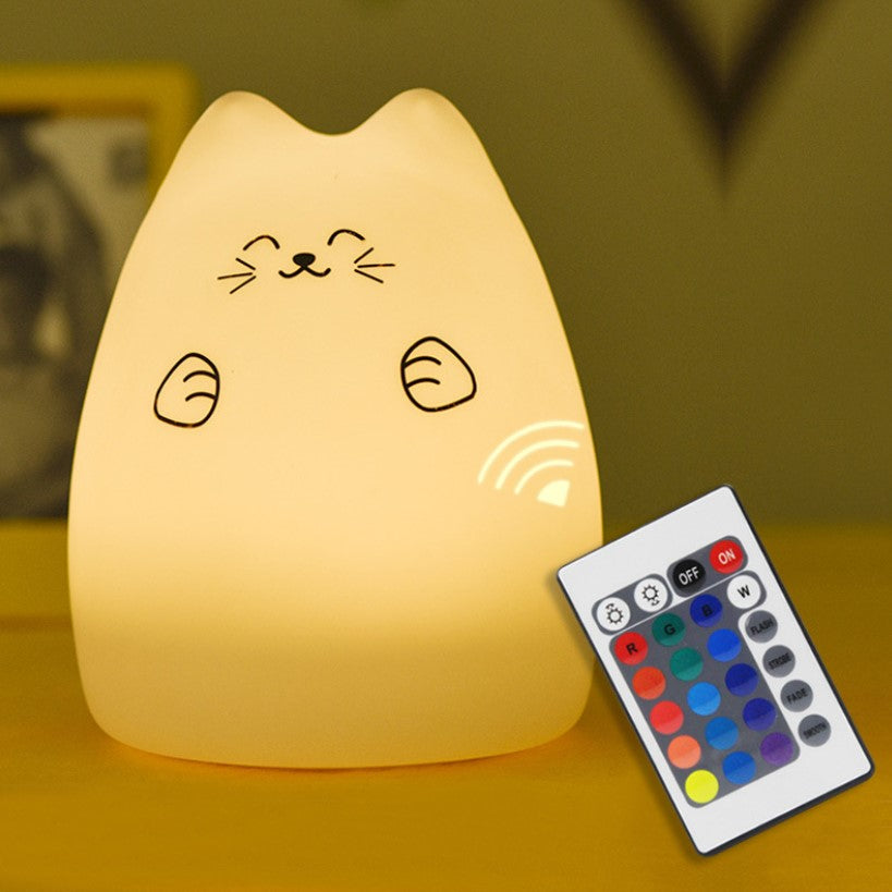 Lampa de veghe portabila cu 7 culori de LEDuri, silicon BPA-free, USB, touch-control, temporizator, lampa de noapte pisicuta fericita