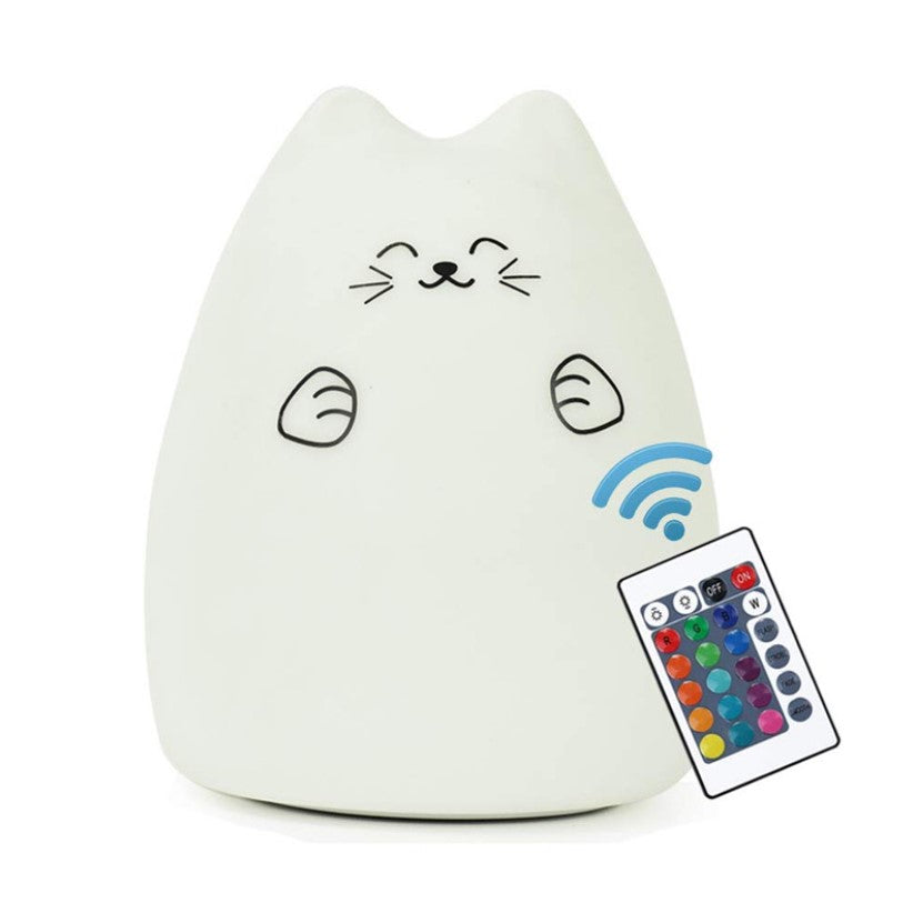 Lampa de veghe portabila cu 7 culori de LEDuri, silicon BPA-free, USB, touch-control, temporizator, lampa de noapte pisicuta fericita