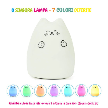 Lampa de veghe portabila cu 7 culori de LEDuri, silicon BPA-free, USB, touch-control, temporizator, lampa de noapte pisicuta fericita