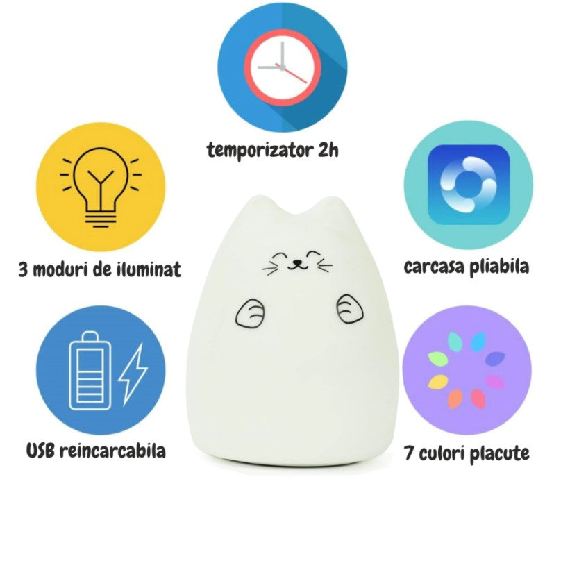 Lampa de veghe portabila cu 7 culori de LEDuri, silicon BPA-free, USB, touch-control, temporizator, lampa de noapte pisicuta fericita