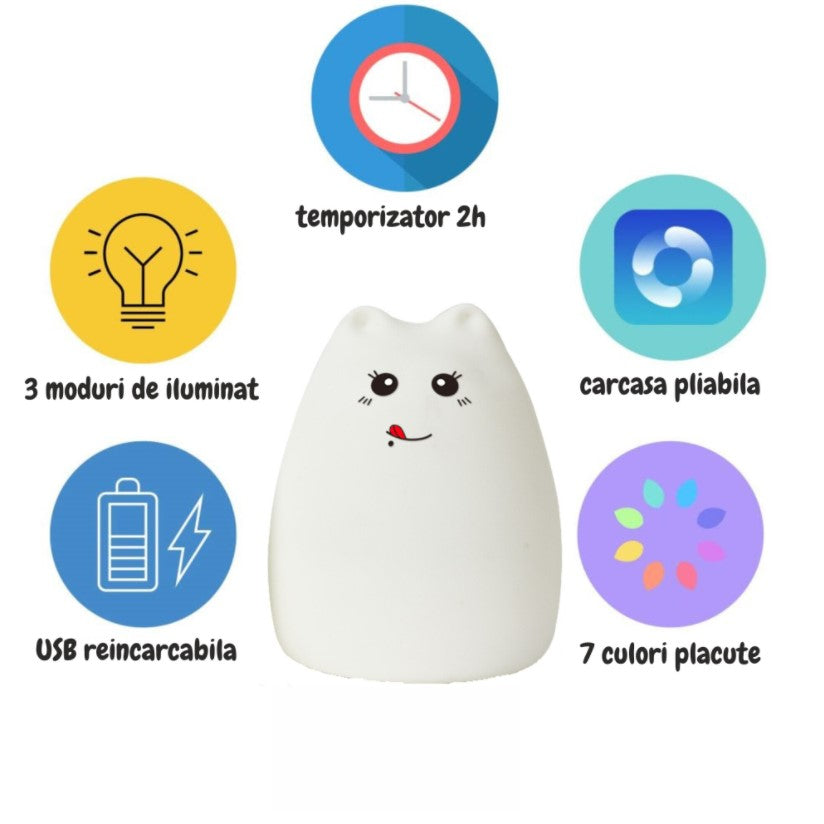 Lampa de veghe portabila, pisicuta, cu 7 culori de LEDuri, silicon BPA-free, USB, touch-control, telecomanda, temporizator, lampa de noapte
