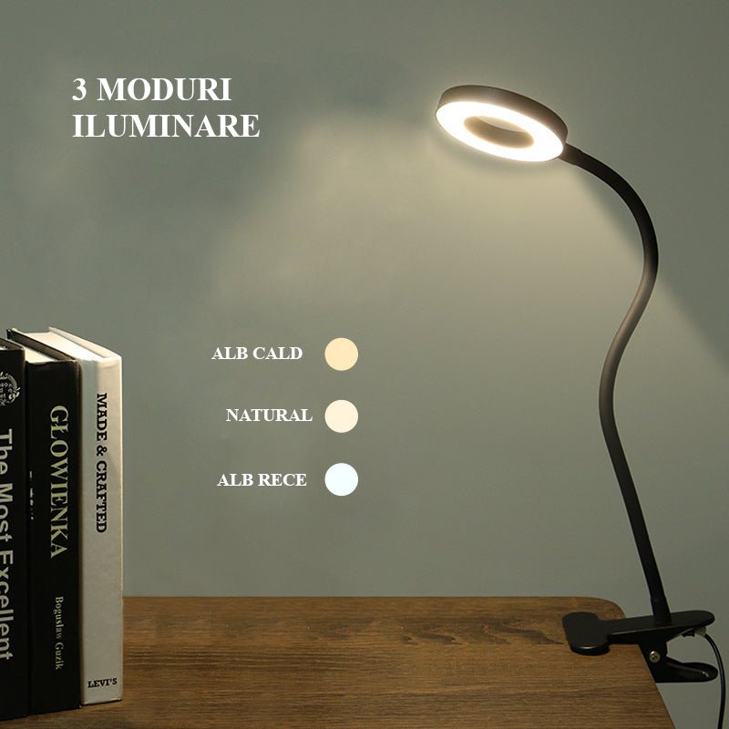 Lampa LED de birou, cu clema, 3 intensitati lumina 4000K, reglabila, flexibila, 360 grade, neagra - BUZ.RO