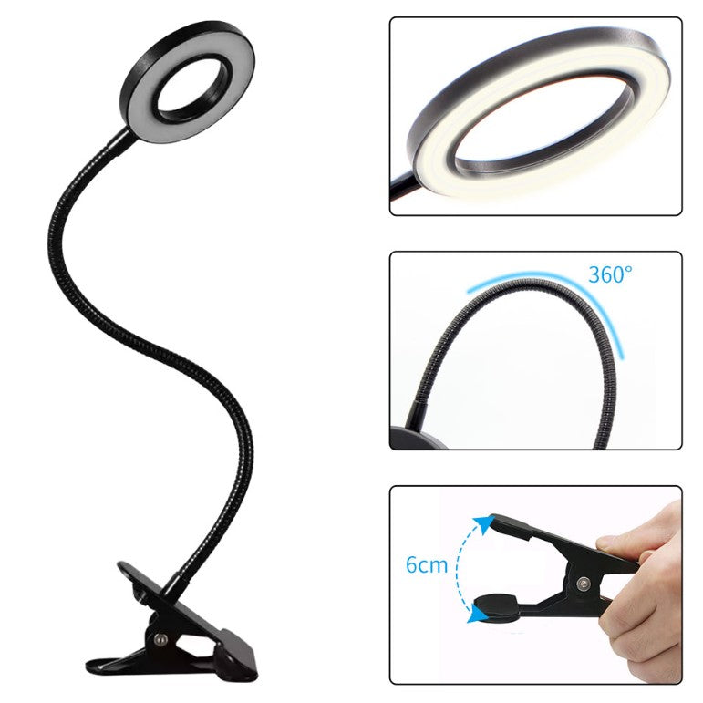 Lampa LED de birou, cu clema, 3 intensitati lumina 4000K, reglabila, flexibila, 360 grade, neagra