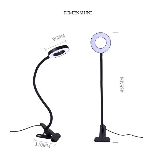 Lampa LED de birou, cu clema, 3 intensitati lumina 4000K, reglabila, flexibila, 360 grade, neagra