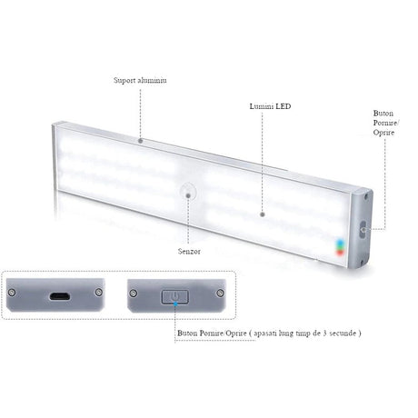 Lampa LED inteligenta, cu senzori de miscare, incarcare USB, magnetica, cu telecomanda, pentru dressing, hol, scari, dulap de bucatarie, baie, garaj, 60 LED - uri, alb rece - BUZ.RO