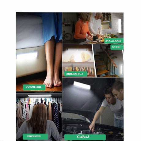 Lampa LED inteligenta, cu senzori de miscare, incarcare USB, magnetica, cu telecomanda, pentru dressing, hol, scari, dulap de bucatarie, baie, garaj, 60 LED - uri, alb rece, buz - BUZ.RO