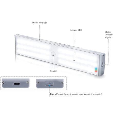 Lampa LED inteligenta, cu senzori de miscare, incarcare USB, magnetica, cu telecomanda, pentru dressing, hol, scari, dulap de bucatarie, baie, garaj, 60 LED-uri, alb rece