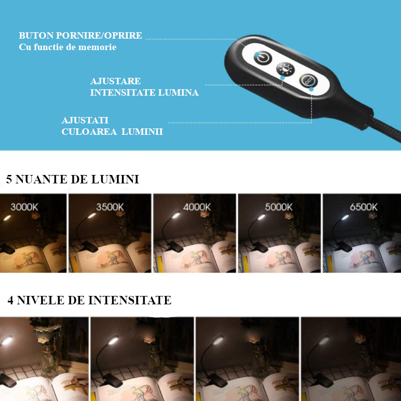 Lampa LED pentru citit, cu clema, 3 intensitati lumina 6500K, reglabila, flexibila, 360 grade, neagra