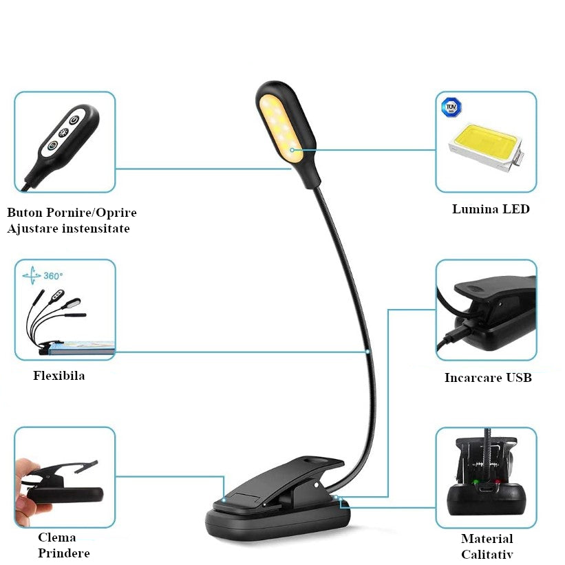 Lampa LED pentru citit, cu clema, 3 intensitati lumina 6500K, reglabila, flexibila, 360 grade, neagra
