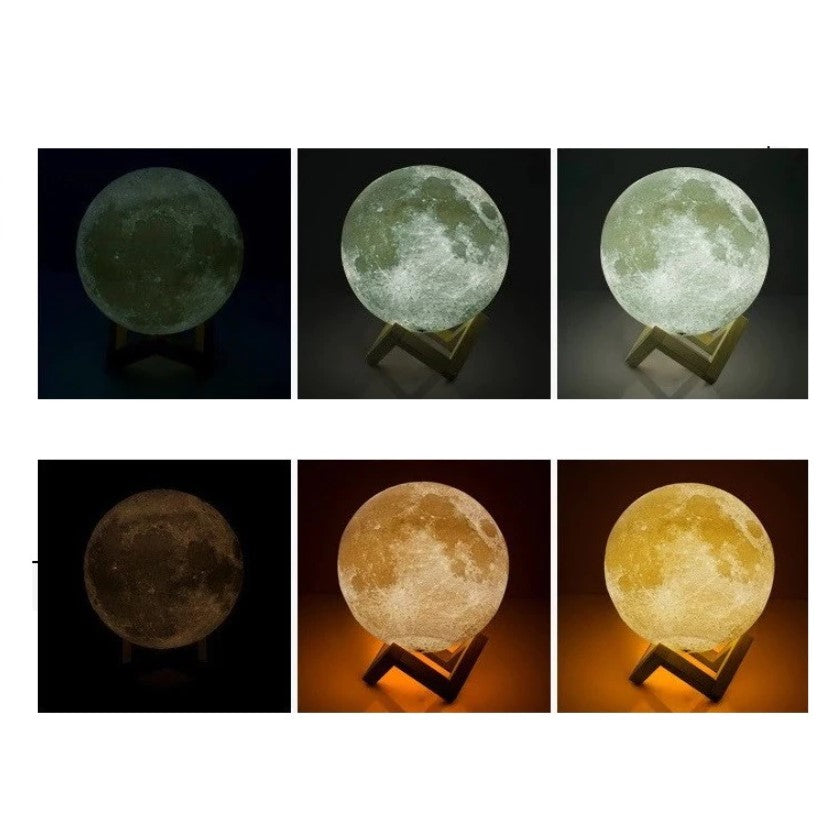 Lampa luna de veghe, reincarcabila, model realistic, portabila, cu touch, alimentare USB, stand din lemn, 18 cm, buz