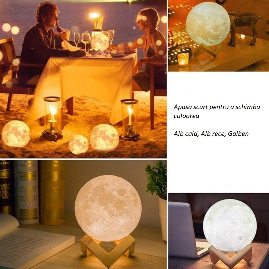 Lampa luna de veghe, reincarcabila, model realistic, portabila, cu touch, alimentare USB, stand din lemn, 18 cm, buz