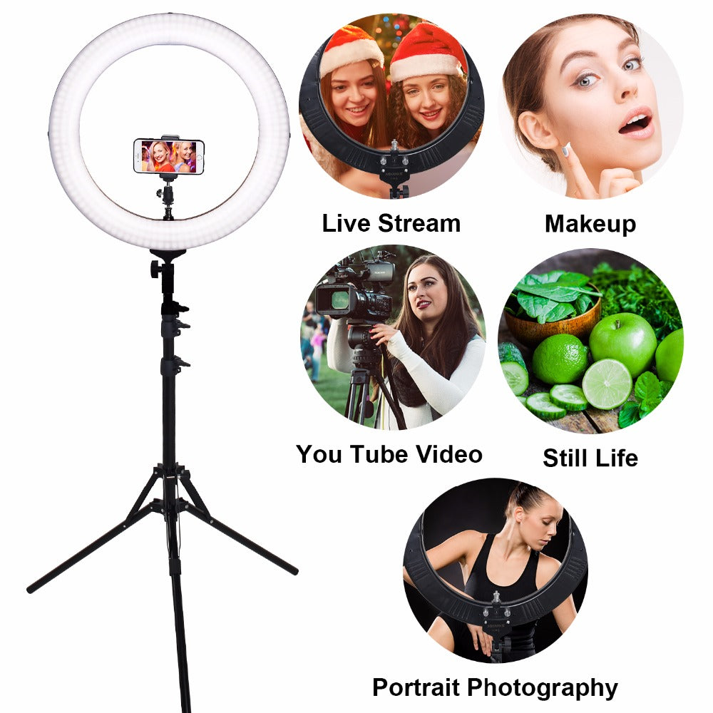 Lampa profesionala LED circulara, ring light pentru MakeUp, foto studio, selfie telefon, temperatura de culoare 3200K-5500K, diametru 54 cm