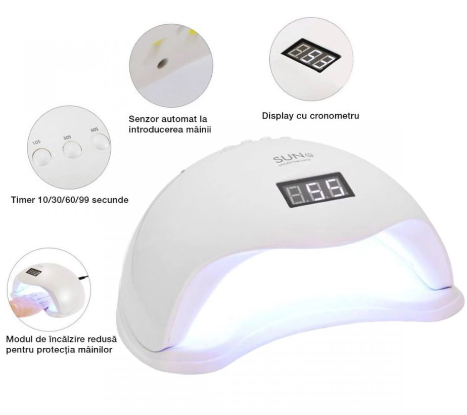 Lampa Unghii LED UV SUN 5 – 48W, Timer, Senzor Automat, Afișaj LCD - BUZ.RO