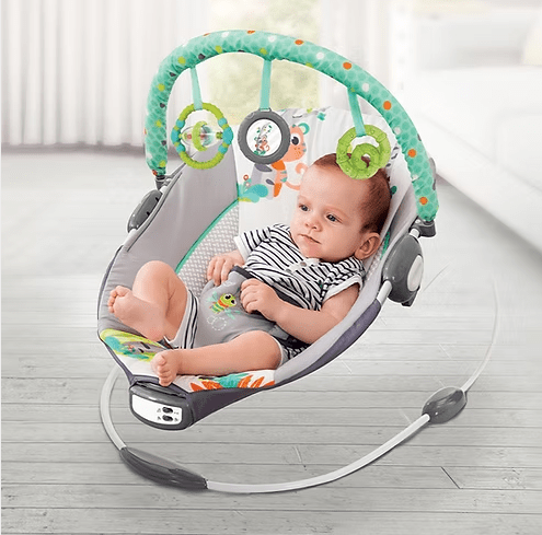 Leagan electric pentru bebe, cu vibratii si melodii, bara de activitati, ham reglabil, culoare gri turcoaz - BUZ.RO