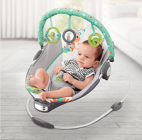 Leagan electric pentru bebe, cu vibratii si melodii, bara de activitati, ham reglabil, culoare gri turcoaz - BUZ.RO
