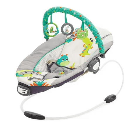Leagan electric pentru bebe, cu vibratii si melodii, bara de activitati, ham reglabil, culoare gri turcoaz - BUZ.RO