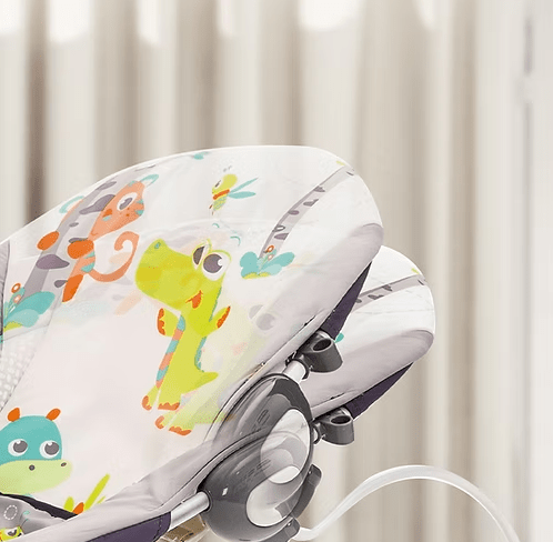 Leagan electric pentru bebe, cu vibratii si melodii, bara de activitati, ham reglabil, culoare gri turcoaz - BUZ.RO