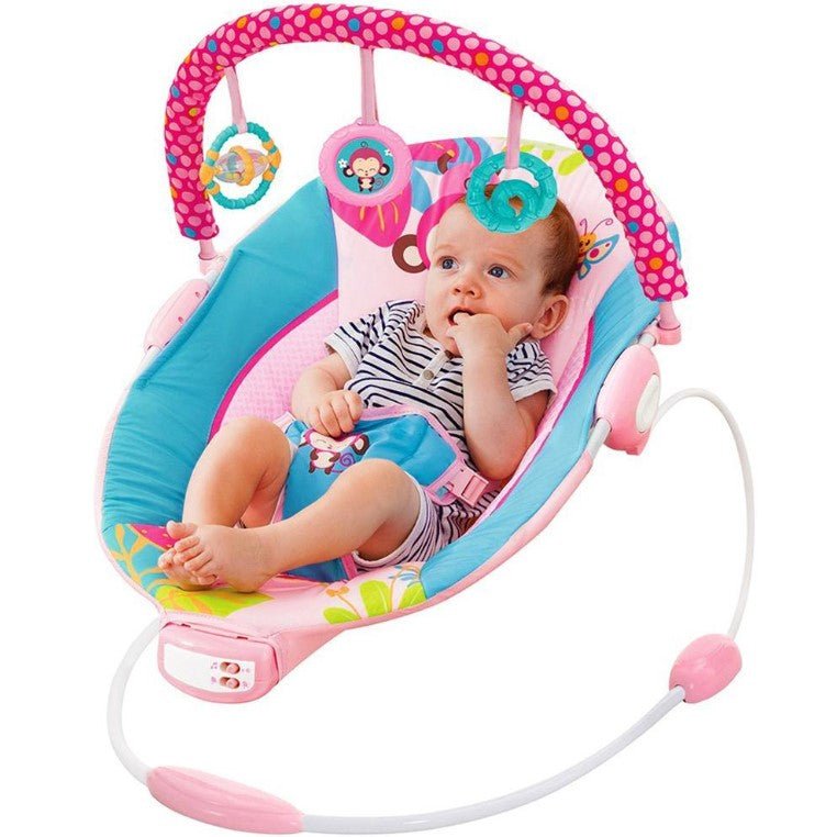 Leagan electric pentru bebe, cu vibratii si melodii, bara de activitati, ham reglabil, roz - BUZ.RO