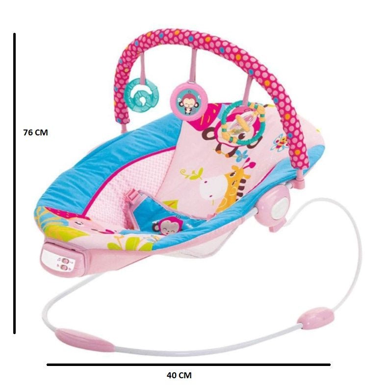 Leagan electric pentru bebe, cu vibratii si melodii, bara de activitati, ham reglabil, roz - BUZ.RO