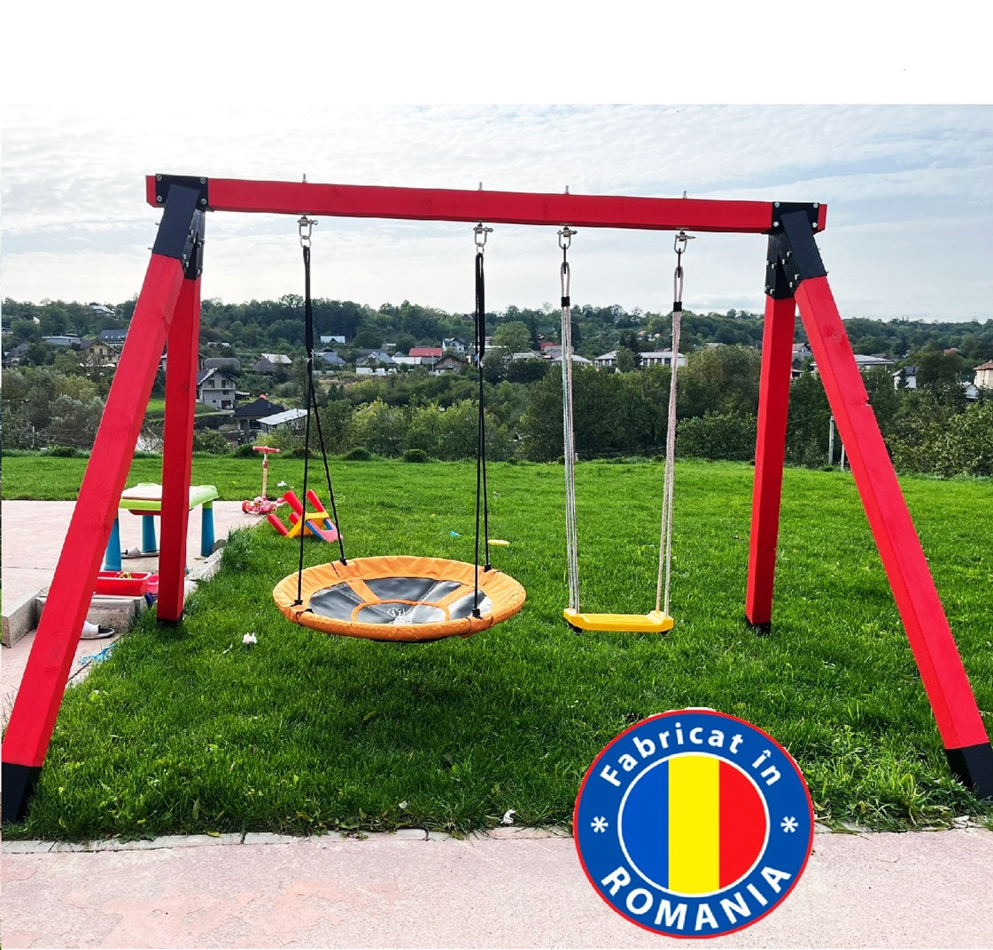 Leagan gradina, complex de leagane copii, set de joaca din lemn cu imbinari metalice si sistem de ancorare, rezistent pana la 150kg ROSU