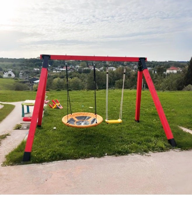 Leagan gradina, complex de leagane copii, set de joaca din lemn cu imbinari metalice si sistem de ancorare, rezistent pana la 150kg ROSU - BUZ.RO