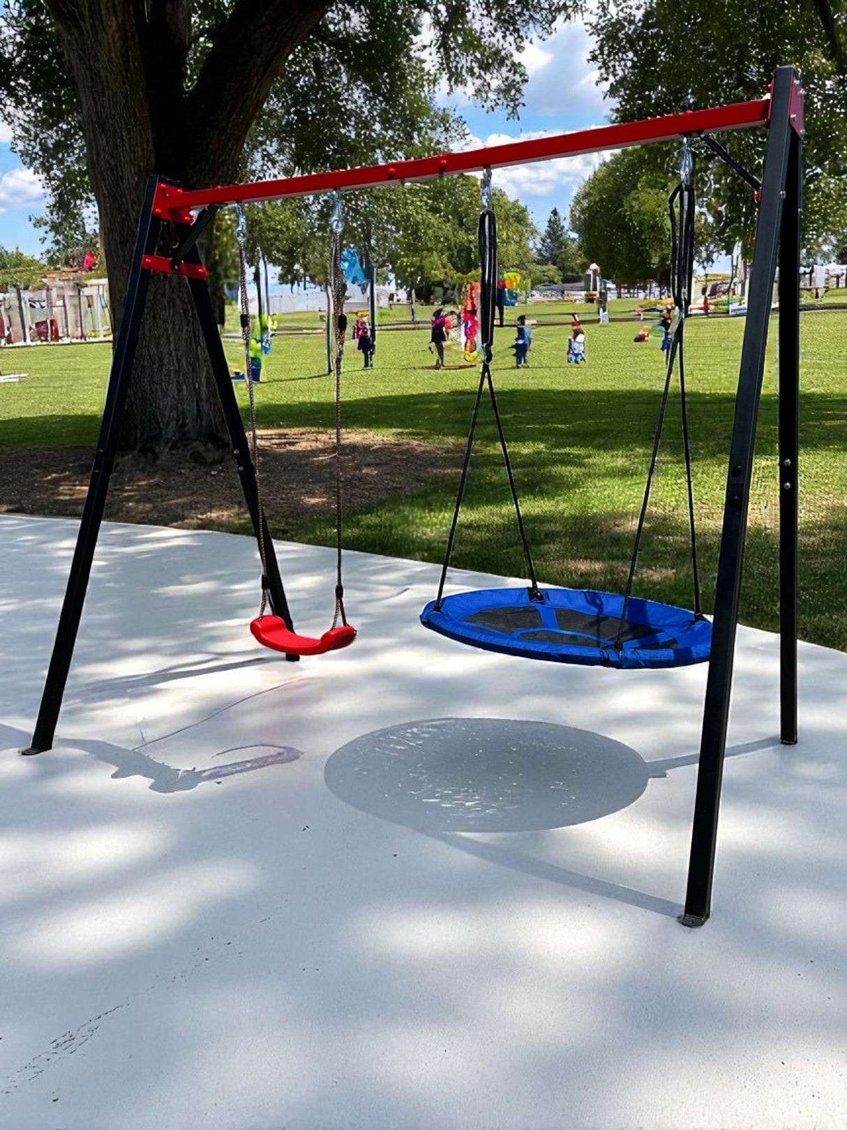 Leagan gradina copii/adulti, balansoar dublu de curte, metalic, cu accesorii incluse, cuib suspendat, 2,4x2,1m - BUZ.RO