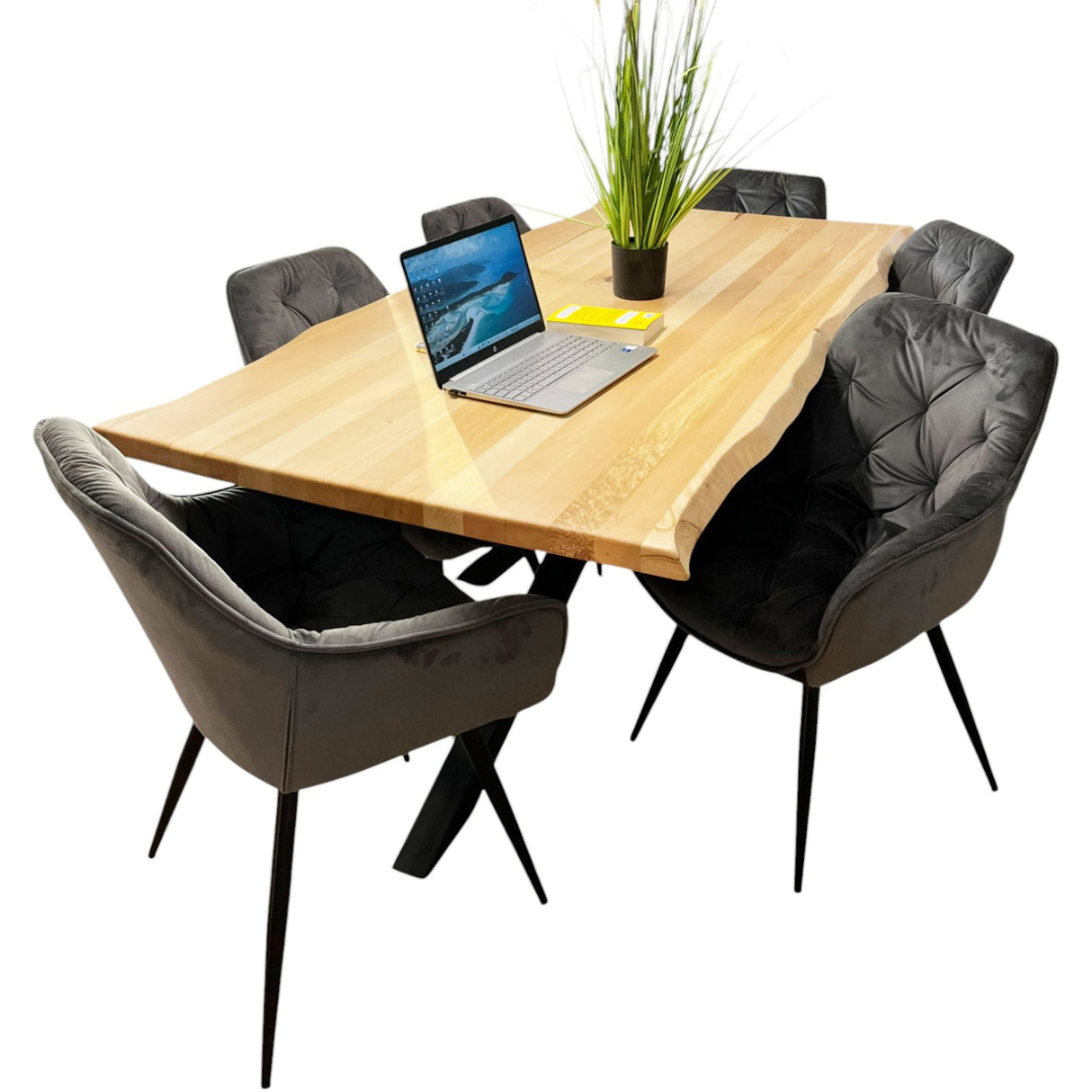 Masa bucatarie cu scaune, set living/dinning, picioare metalice, blat lemn, husa catifea, moderne, 6 persoane - BUZ.RO