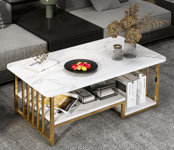 Masa cafea, masa din imitatie de marmura, alb cu auriu, dimensiune 120x60x42 cm - BUZ.RO