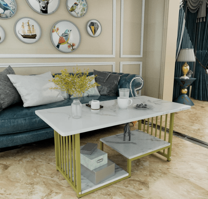 Masa cafea, masa din imitatie de marmura, alb cu auriu, dimensiune 120x60x42 cm - BUZ.RO