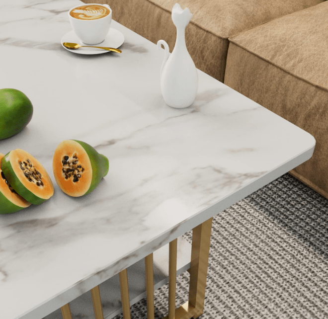 Masa cafea, masa din imitatie de marmura, alb cu auriu, dimensiune 120x60x42 cm - BUZ.RO