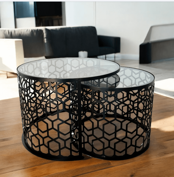 Masa cafea rotunda , set masuta de living rotunde , 2 piese , cu blat sticla securizata , extensibila - BUZ.RO