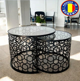 Masa cafea rotunda , set masuta de living rotunde , 2 piese , cu blat sticla securizata , extensibila - BUZ.RO