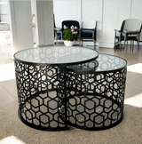 Masa cafea rotunda , set masuta de living rotunde , 2 piese , cu blat sticla securizata , extensibila - BUZ.RO
