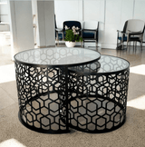 Masa cafea rotunda , set masuta de living rotunde , 2 piese , cu blat sticla securizata , extensibila - BUZ.RO