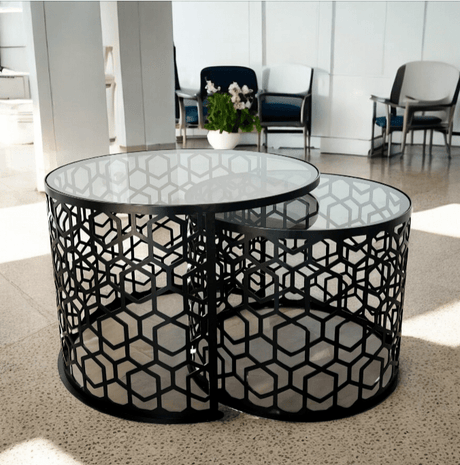 Masa cafea rotunda , set masuta de living rotunde , 2 piese , cu blat sticla securizata , extensibila - BUZ.RO