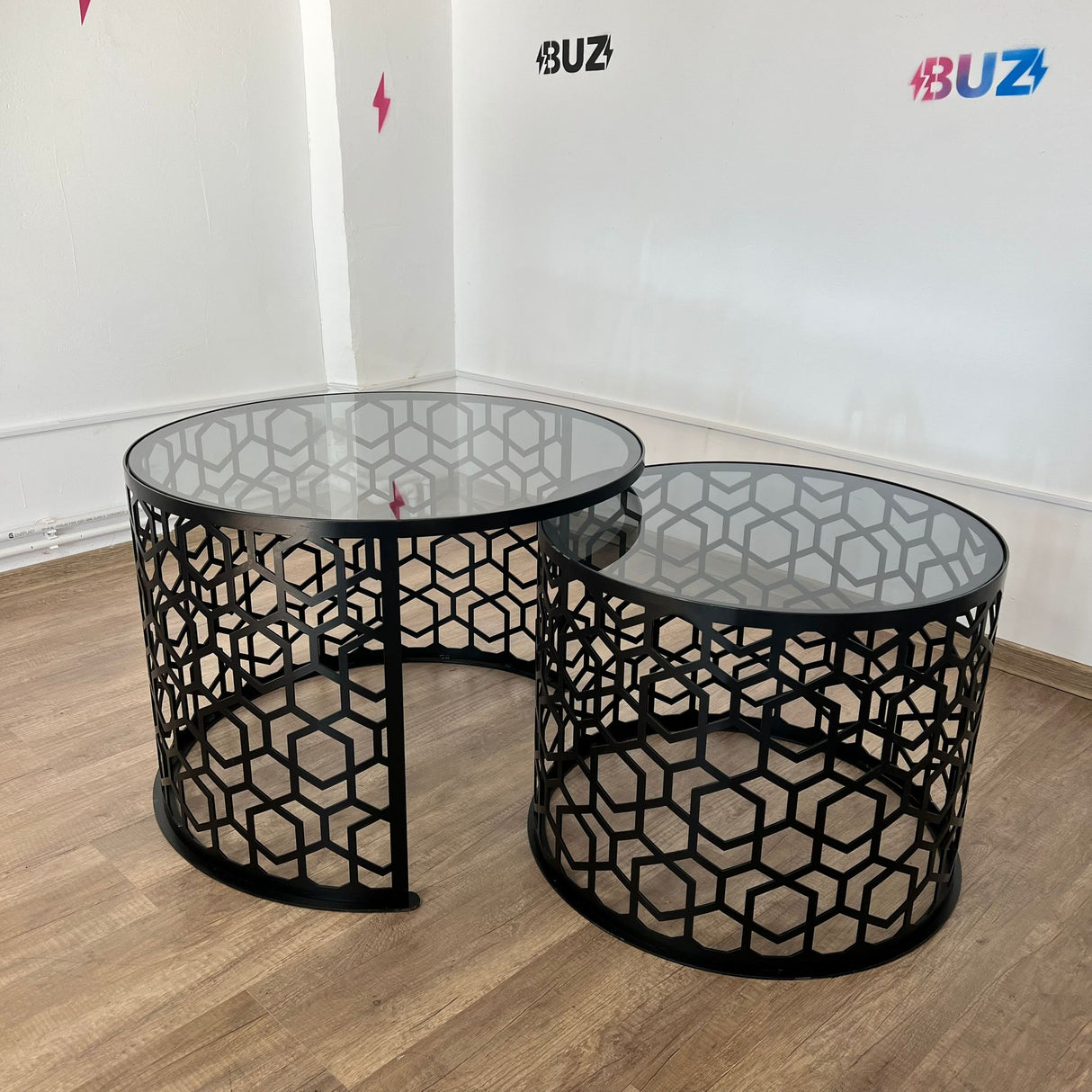 Masa cafea rotunda , set masuta de living rotunde , 2 piese , cu blat sticla securizata , extensibila - BUZ.RO