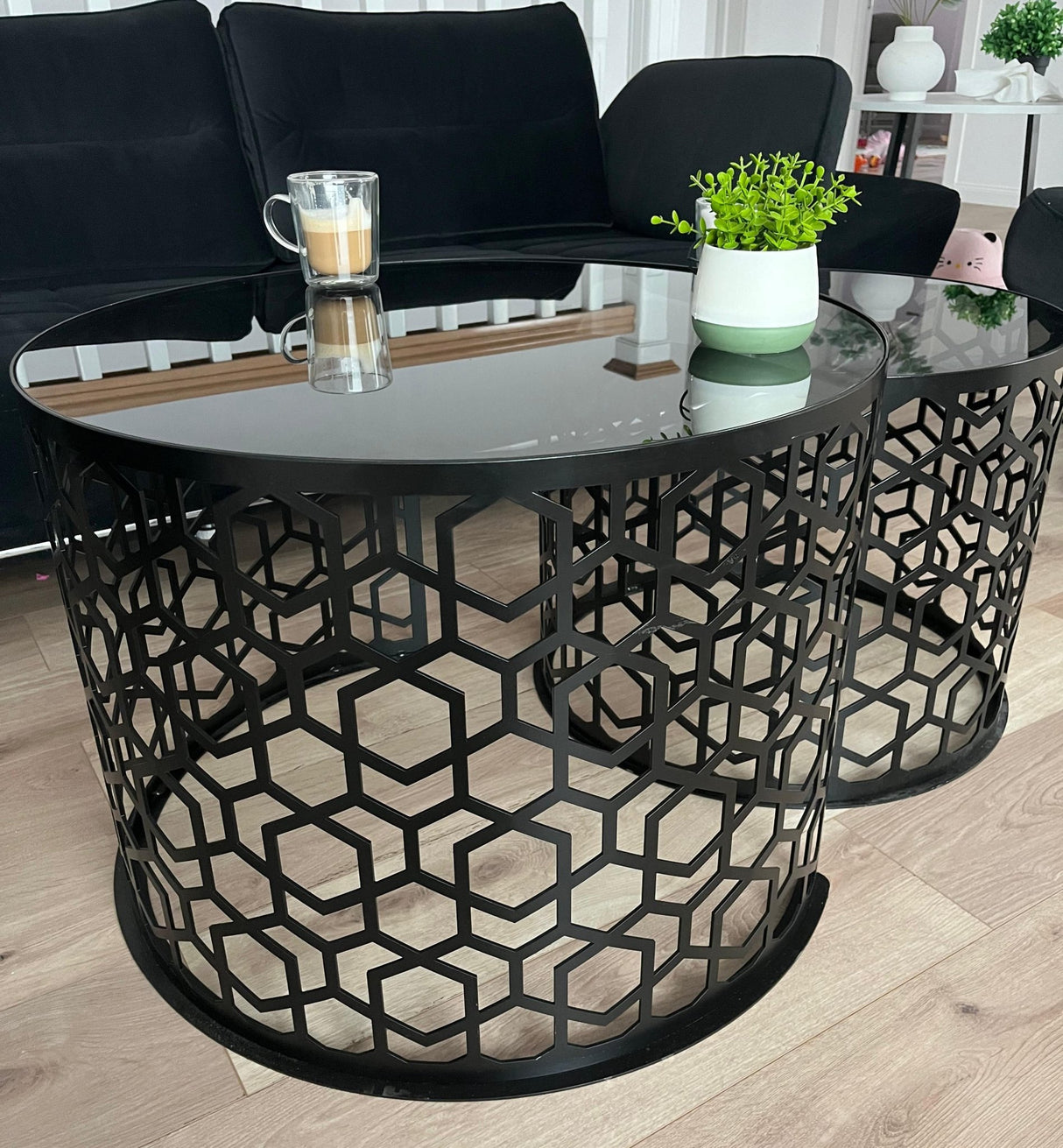 Masa cafea rotunda , set masuta de living rotunde , 2 piese , cu blat sticla securizata , extensibila - BUZ.RO