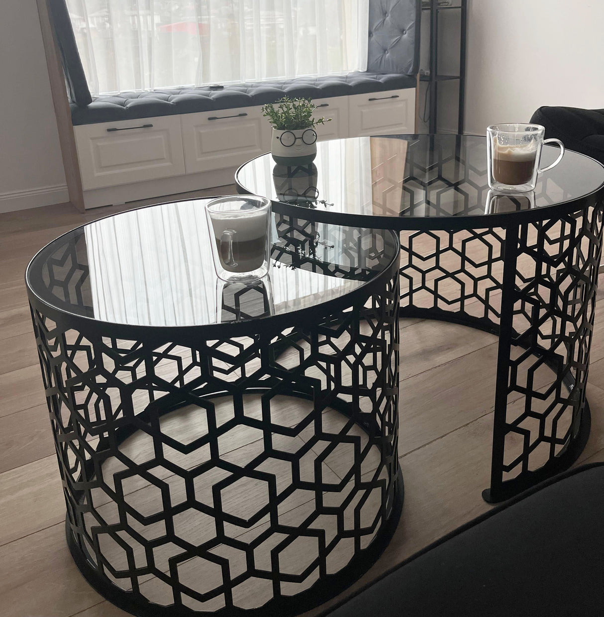 Masa cafea rotunda , set masute de living rotunde , 2 piese , cu blat sticla securizata , extensibila